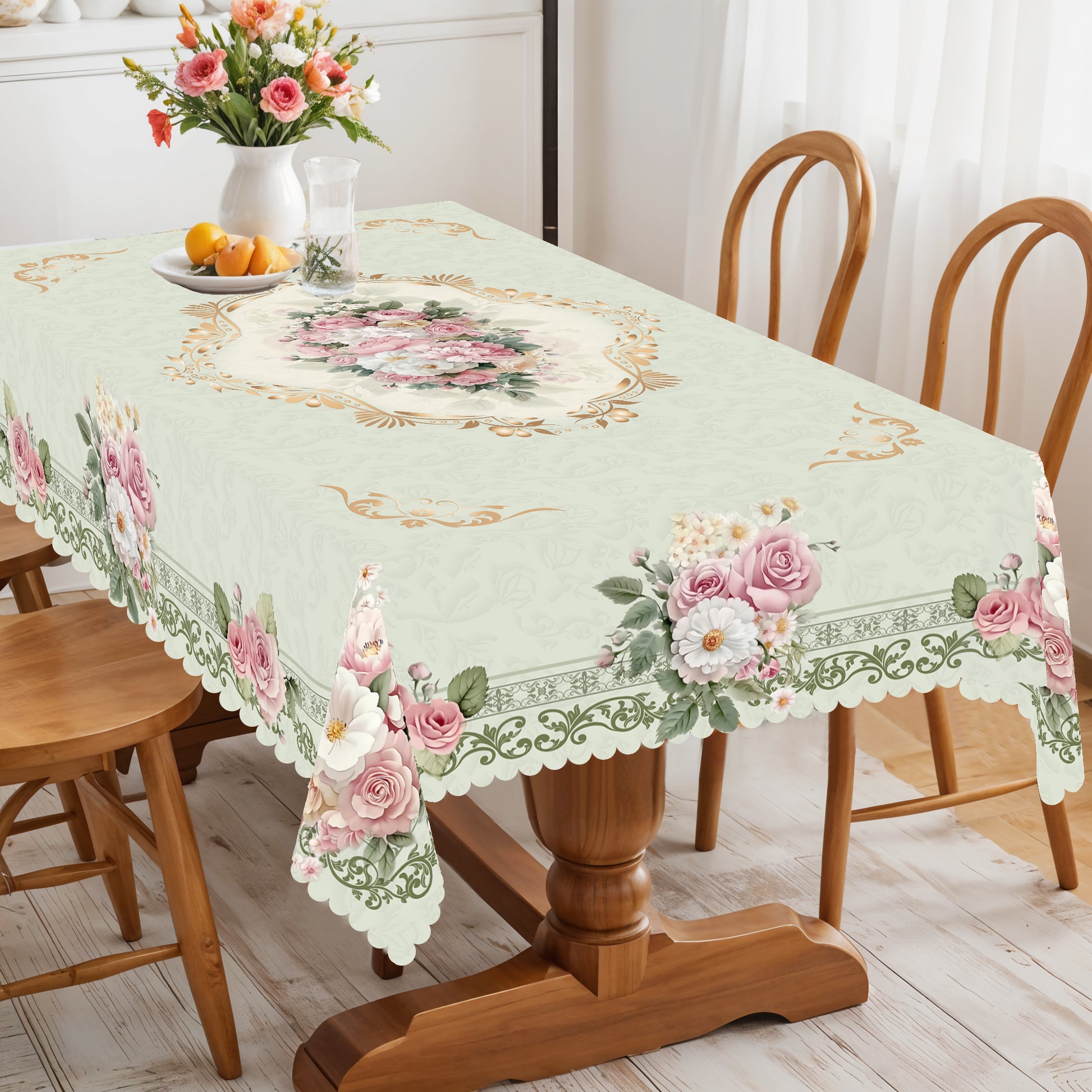 Floral Tablecloth with Colorful Flowers, Dustproof Easy-Care Dining Table Cover for Indoor Outdoor Use and Festive Home Decor
