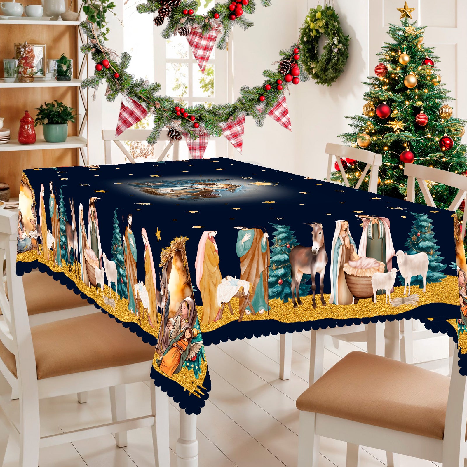 Christmas Tablecloth, Santa Claus and Christmas tree Stain-Resistant Table Cover for Dining Table Holiday Decor