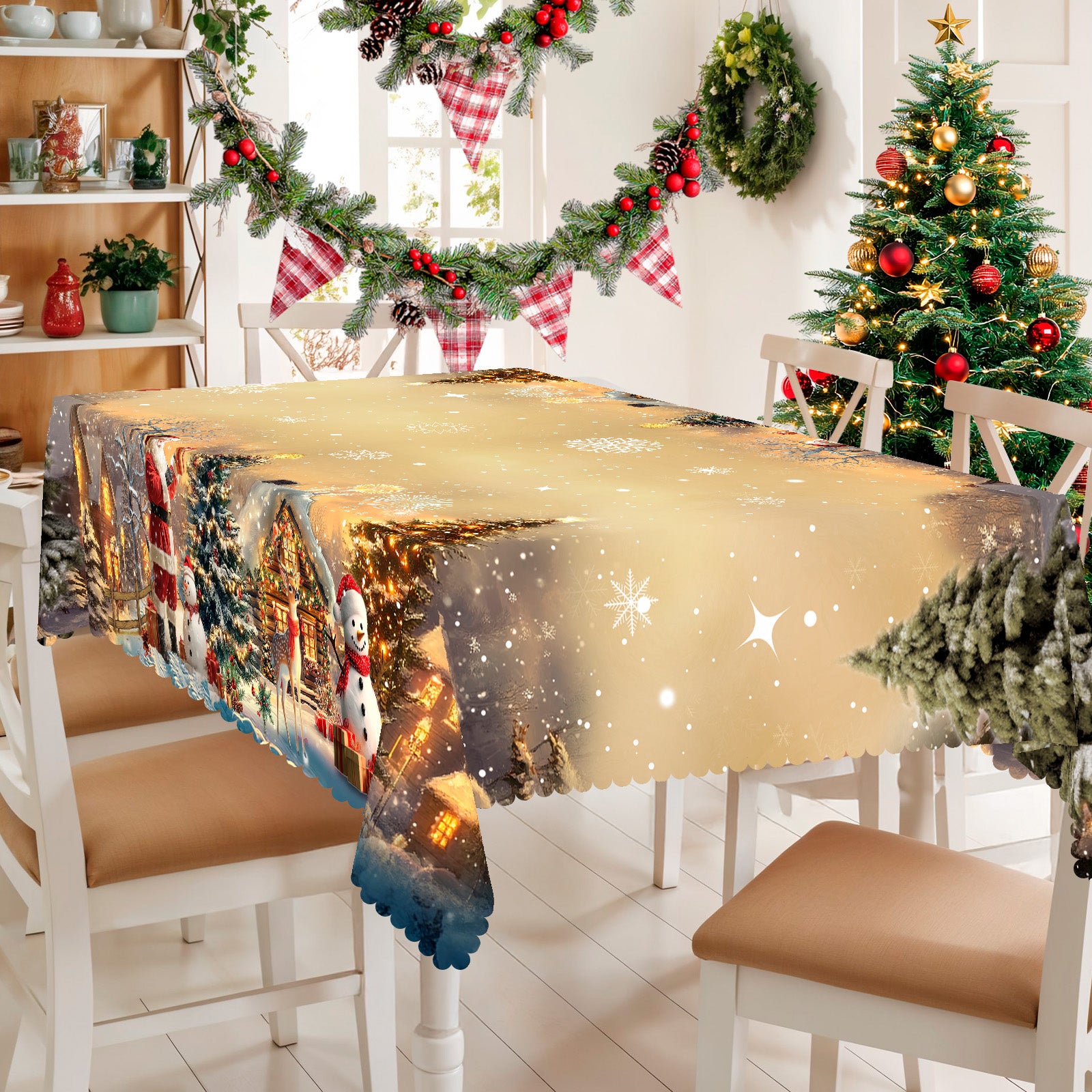 Christmas Tablecloth with Santa, Reindeer and Snowman Designs, Dustproof Dining Table Cover for Festive Holiday Decor