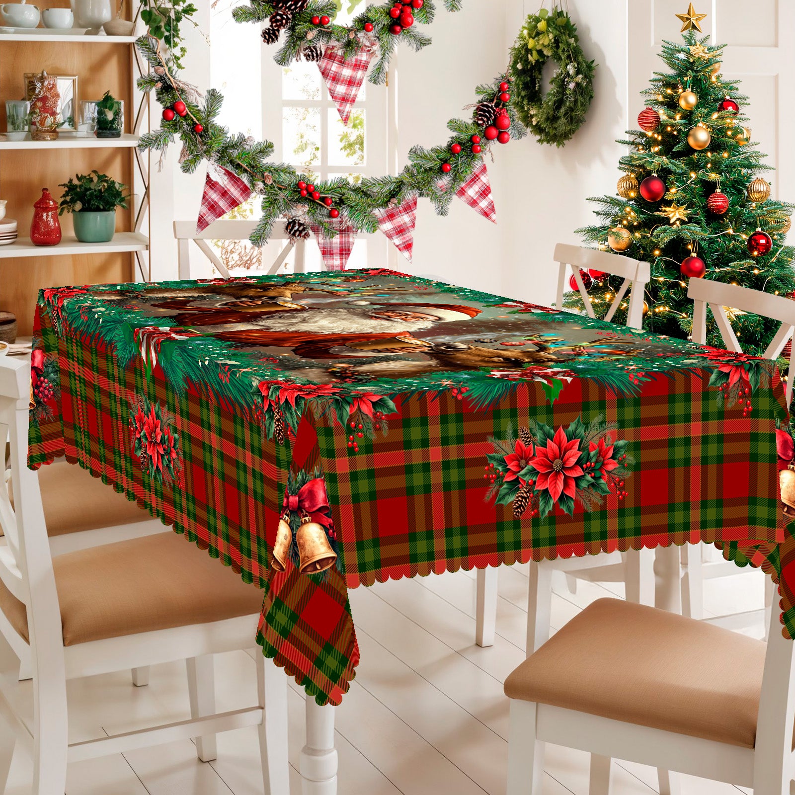 Merry Christmas Tablecloth, Snowman Santa Claus Christmas tree Stain-Resistant Dining Table Cover for Holiday Decor