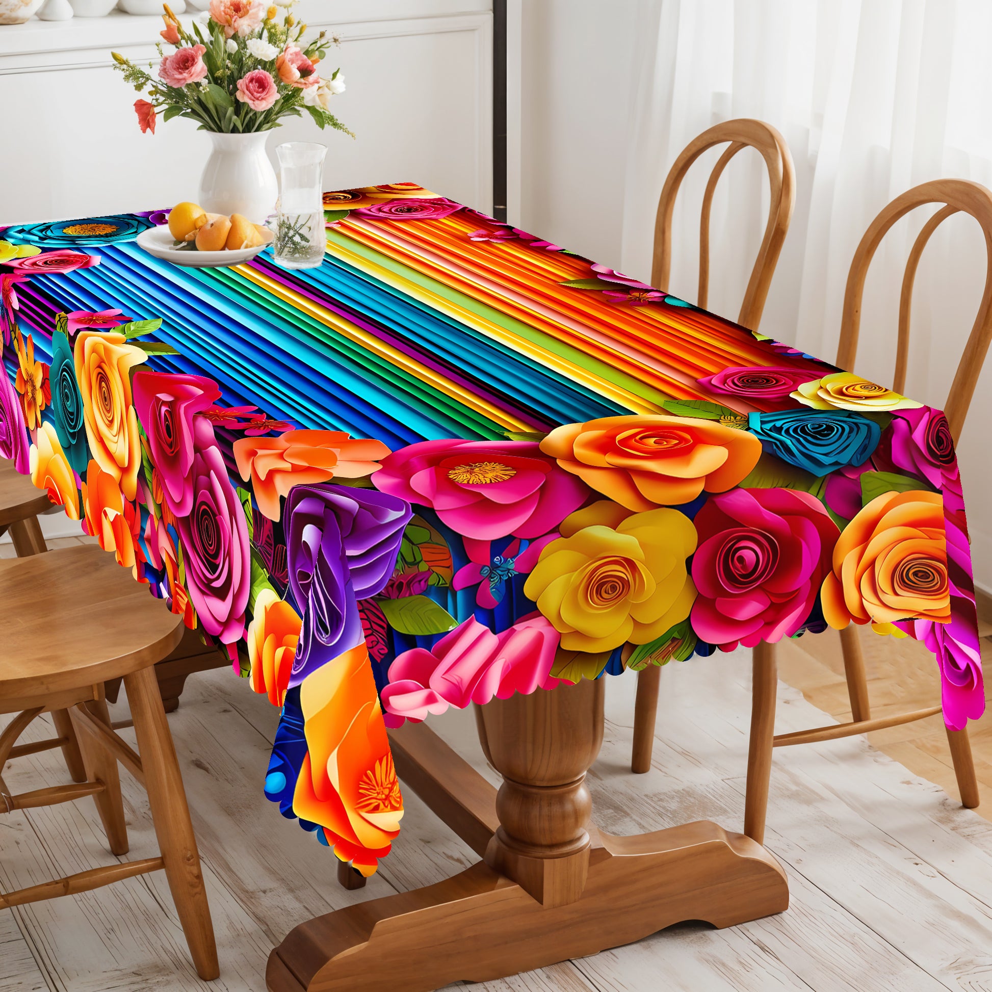 Mexican Floral Tablecloth, Colorful Fiesta Style Dustproof Easy-Care Dining Table Cover for Indoor Outdoor Decor