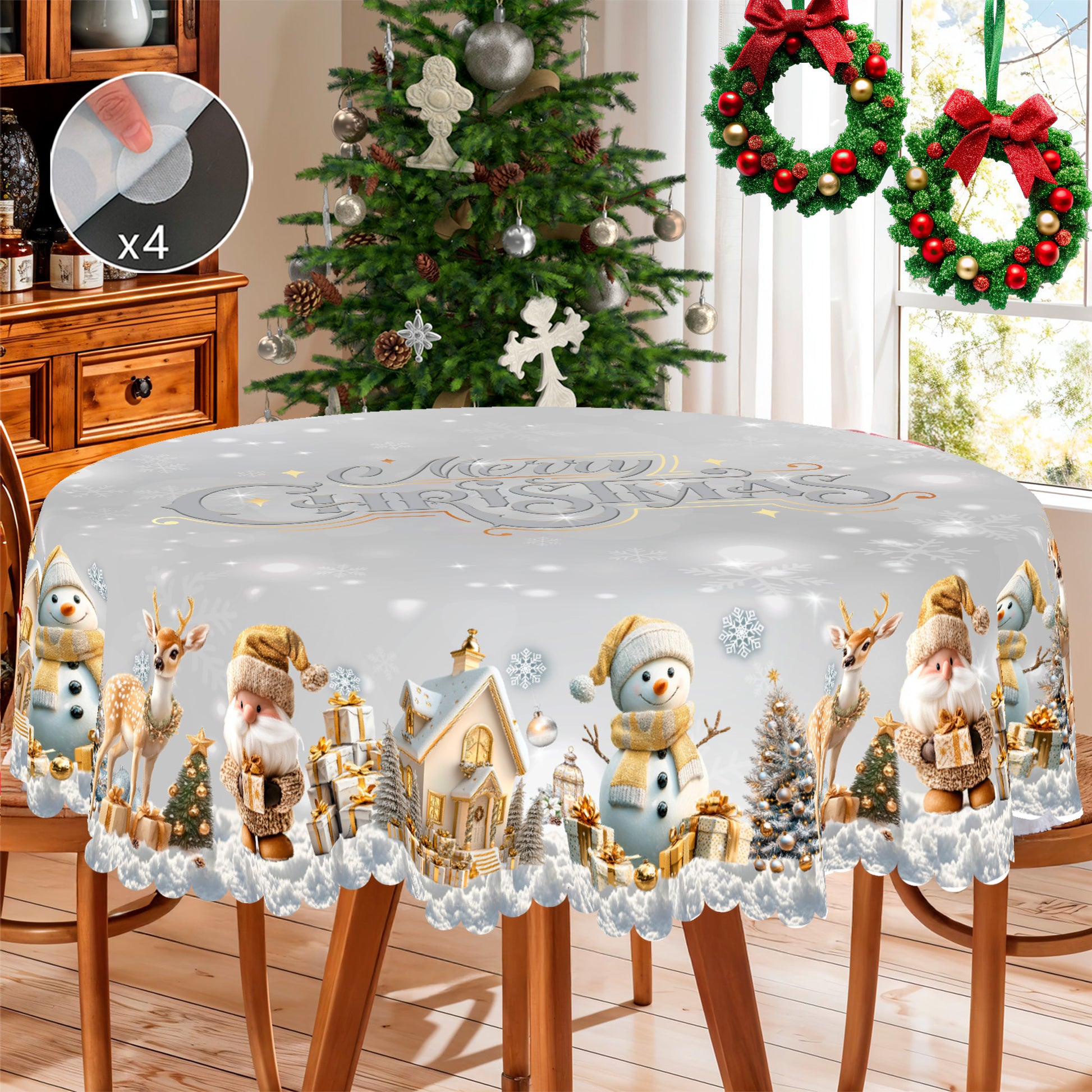 Christmas Tablecloth with Santa, Reindeer and Snowman Designs, Dustproof Dining Table Cover for Festive Holiday Decor