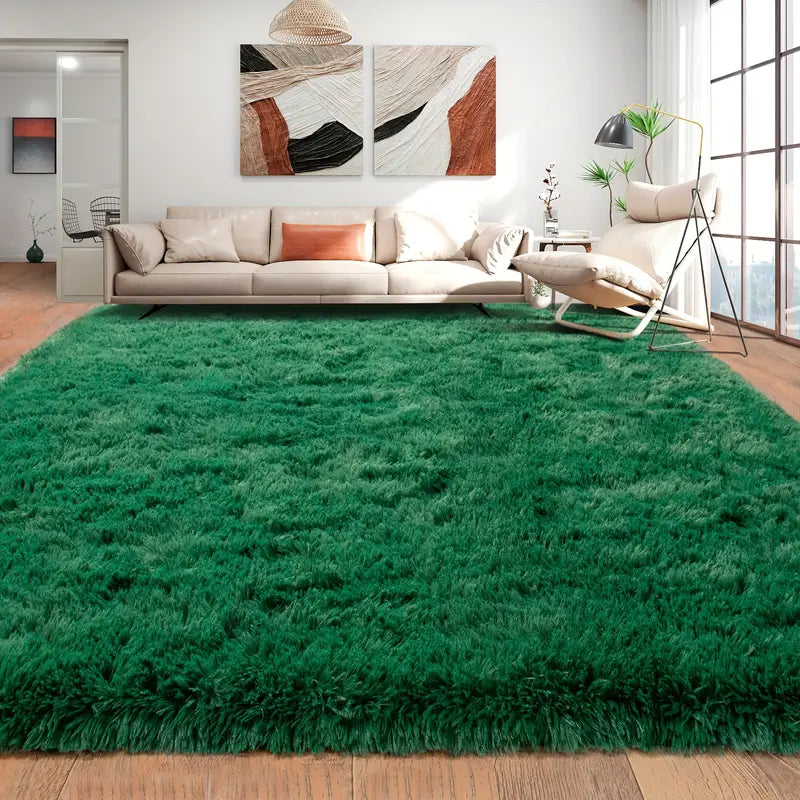 Dark Green Shag Rug, Ultra Soft 1.7" Thick, Non-Slip Backing, for Bedroom or Living Room