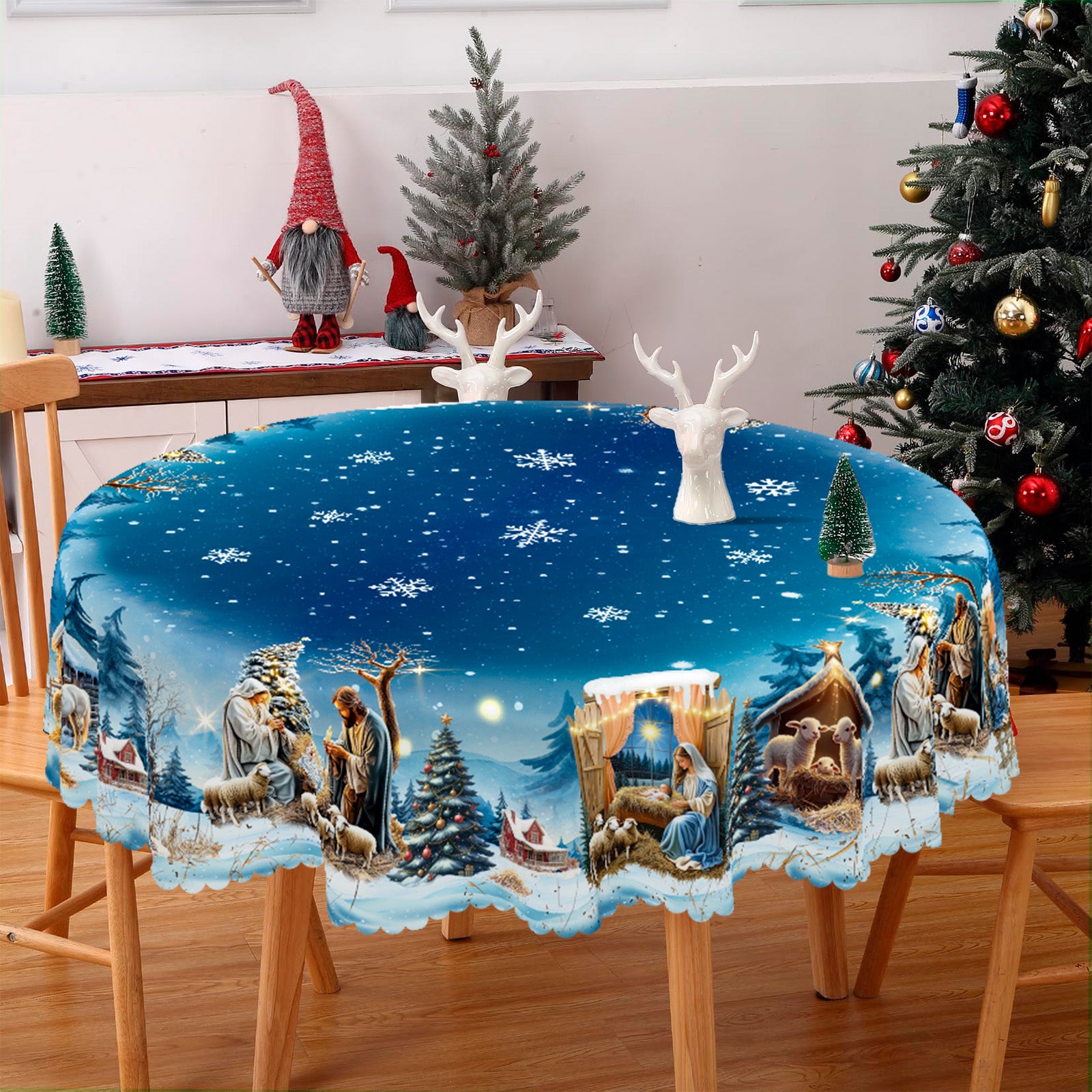 Christmas Tablecloth, Snowman Snowflake Stain-Resistant Dining Table Cover for Holiday Decor