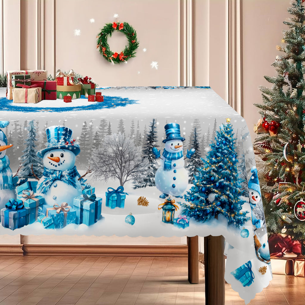 Christmas Tablecloth, Blue Snowman Snowflake Tablecloth, Washable Tablecloth for Winter Christmas Party Home Kitchen Decoration