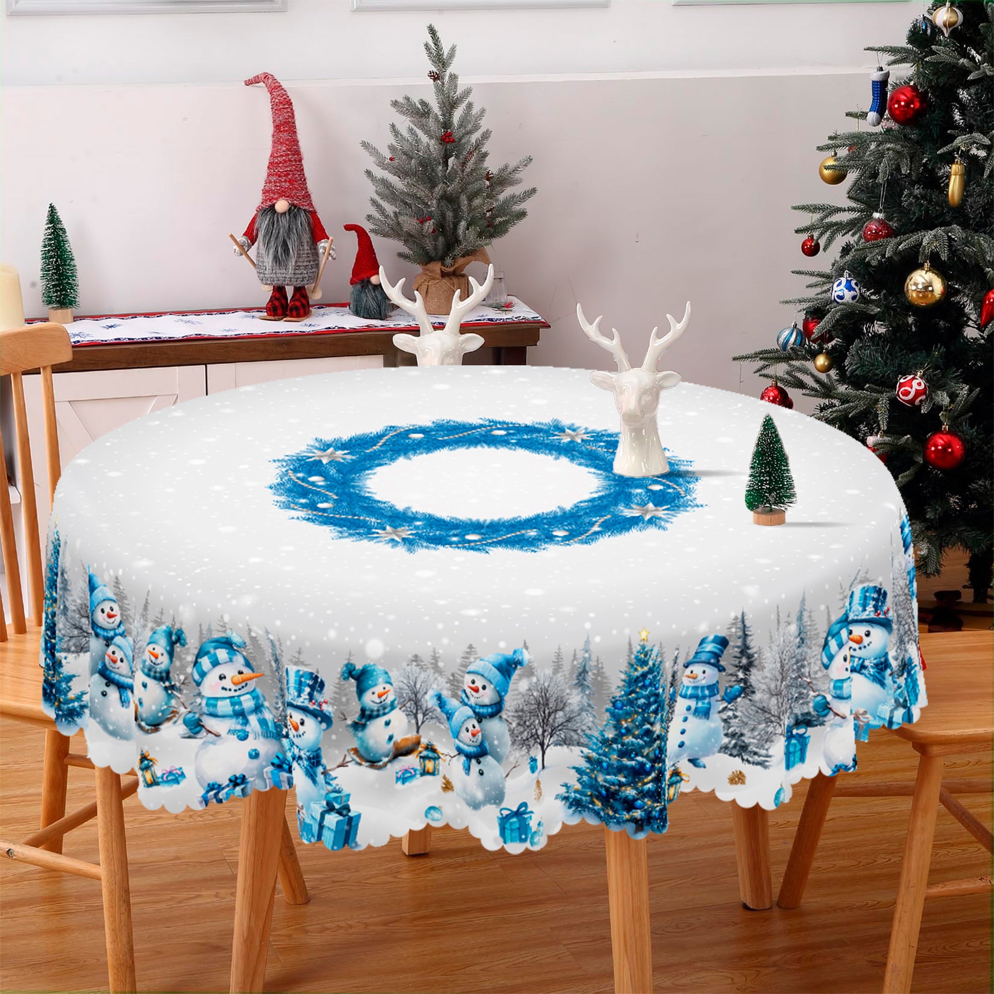 Christmas Tablecloth, Blue Snowman Snowflake Tablecloth, Washable Tablecloth for Winter Christmas Party Home Kitchen Decoration