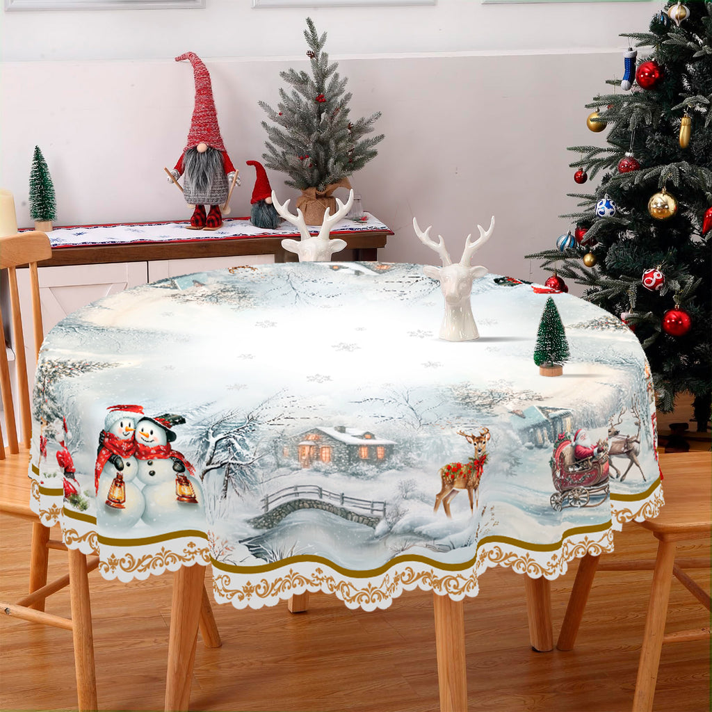 Christmas Tablecloth, Blue Snowman Snowflake Tablecloth, Washable Tablecloth for Winter Christmas Party Home Kitchen Decoration