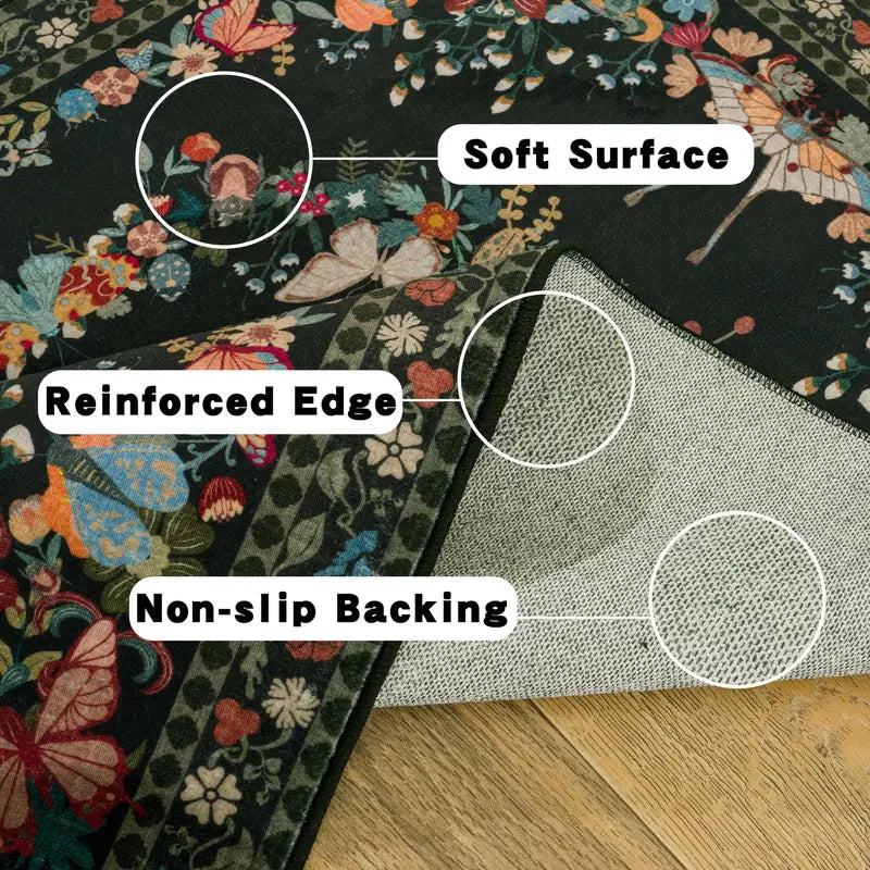 Black Butterfly Floral Washable Area Rug, Low Pile Non-Slip Indoor Carpet for Living Room & Bedroom