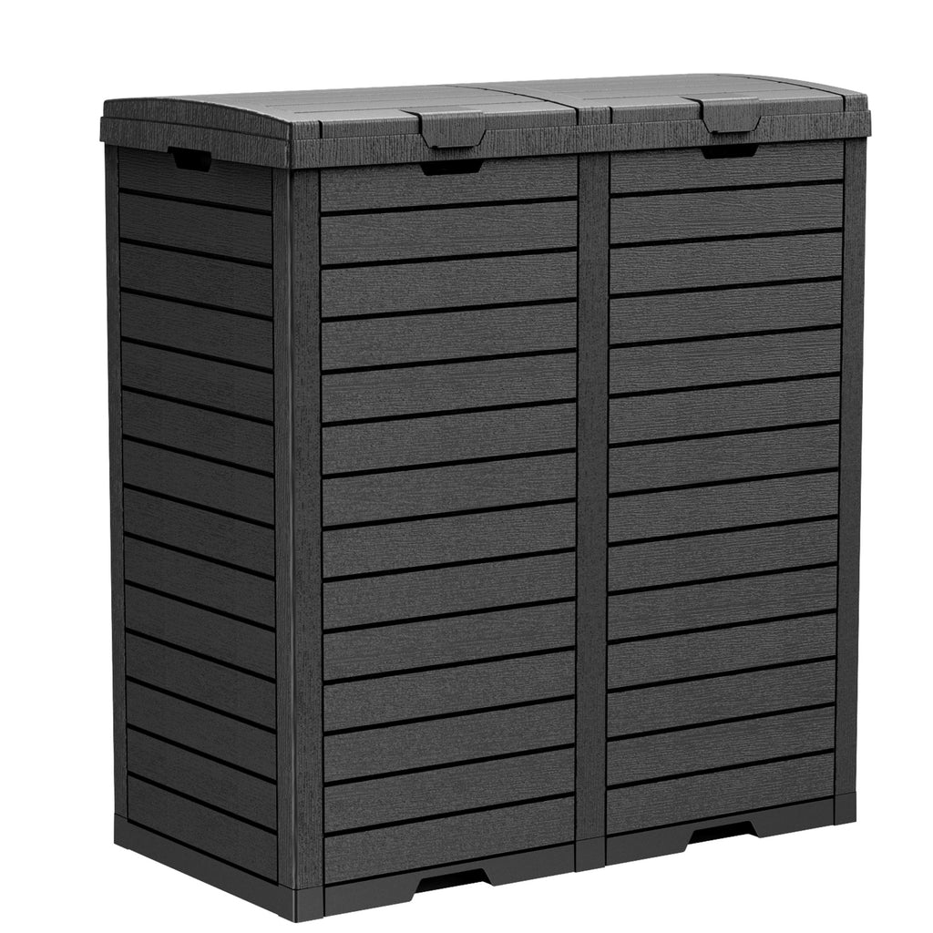 62 Gallon Outdoor Trash Bin, Resin Manual Lift Garbage & Recycling Storage Deck Box with Double-Bucket