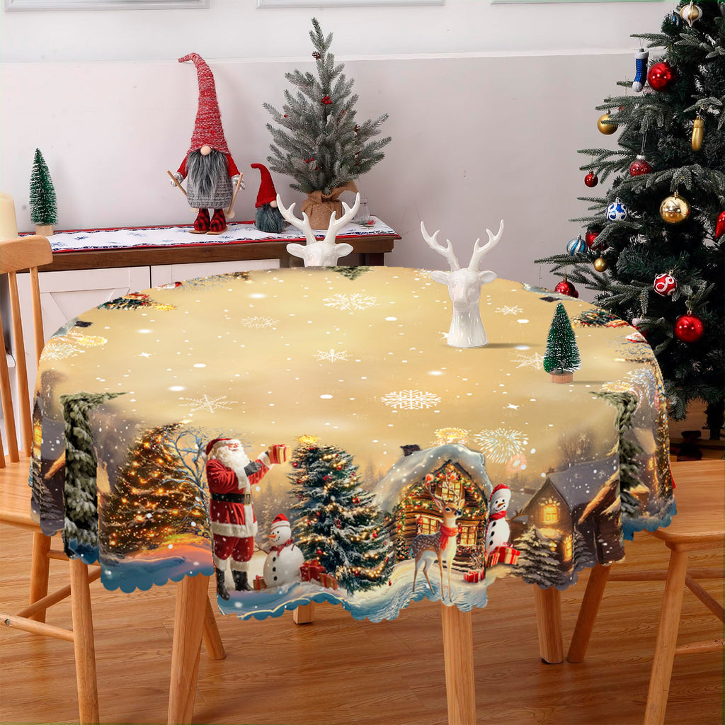 Christmas Tablecloth with Santa, Reindeer and Snowman Designs, Dustproof Dining Table Cover for Festive Holiday Decor