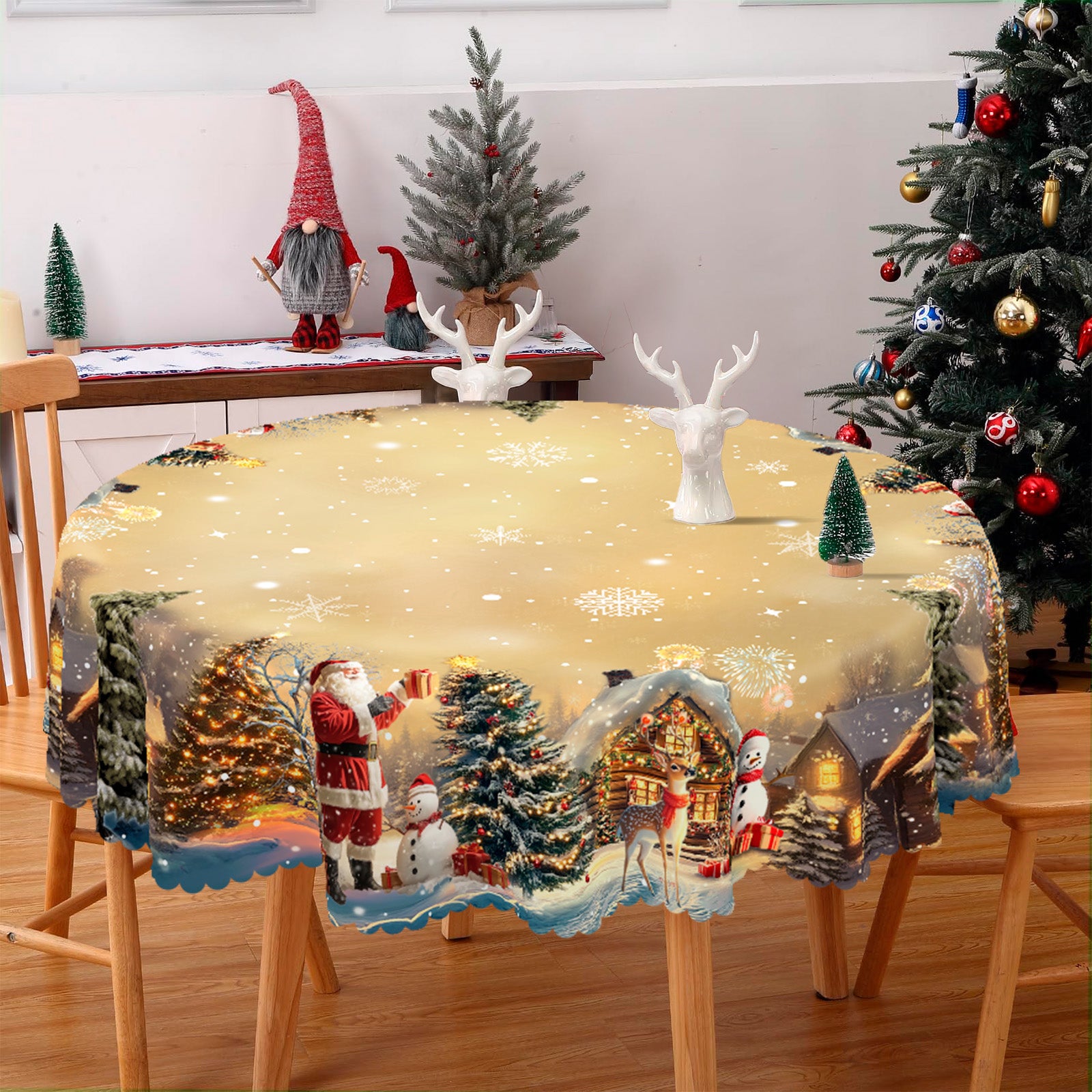 Christmas Tablecloth with Santa, Reindeer and Snowman Designs, Dustproof Dining Table Cover for Festive Holiday Decor