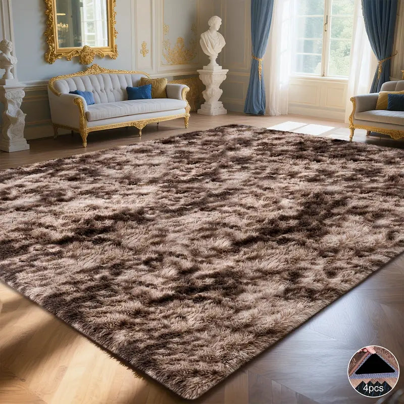 Brown Tie-Dye Shag Rug, Soft Plush Carpet with 4 Non-Slip Pads, Multiple Sizes for Bedroom or Living Room