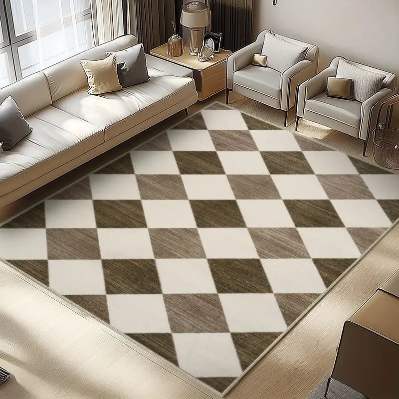Modern Diamond Grid Beige Area Rug, Low Pile Washable Non-Slip Polyester Mat for Bedroom & Living Room