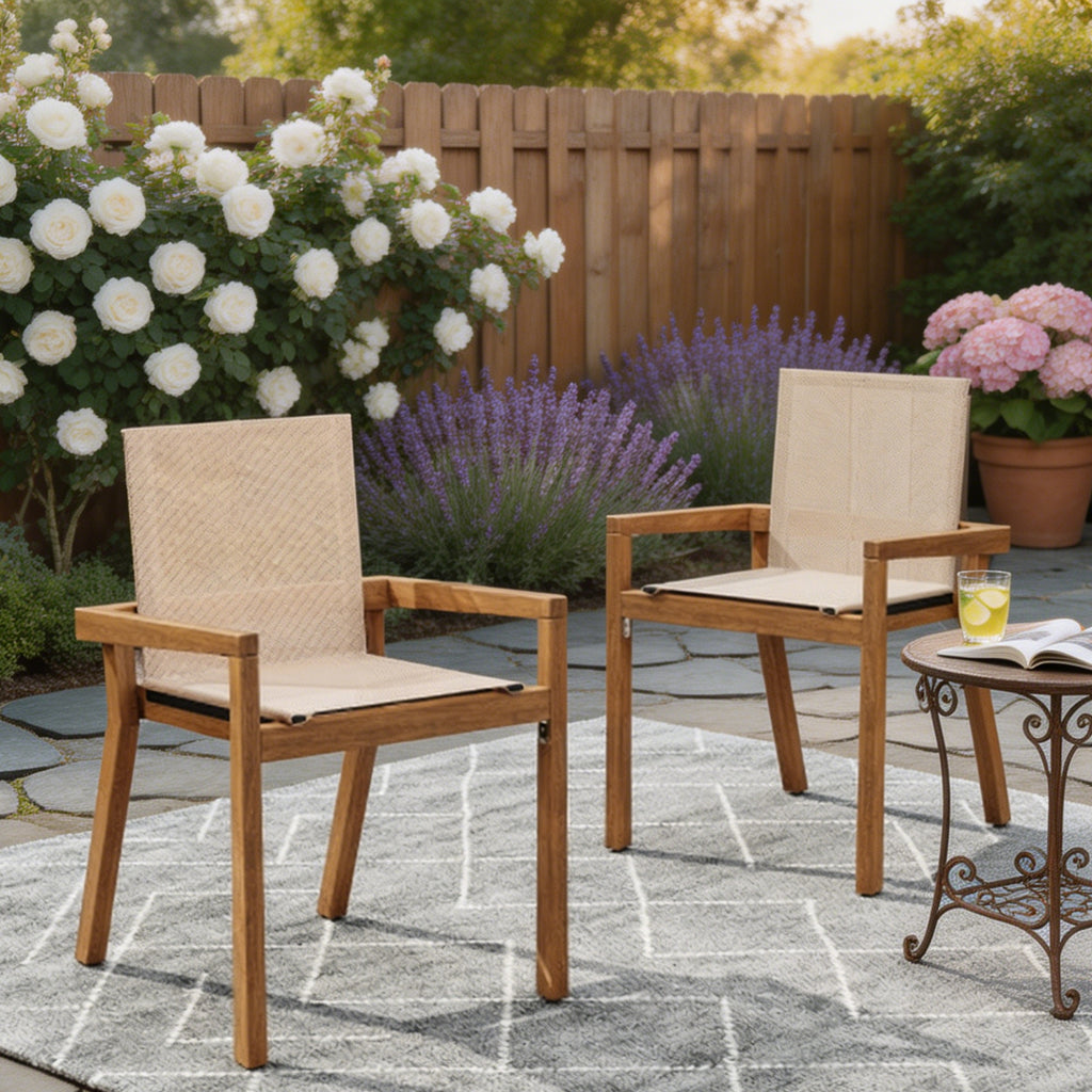 Teak Finish Outdoor Dining Chairs Set of 2 Wood Frame Patio Chairs with Textile