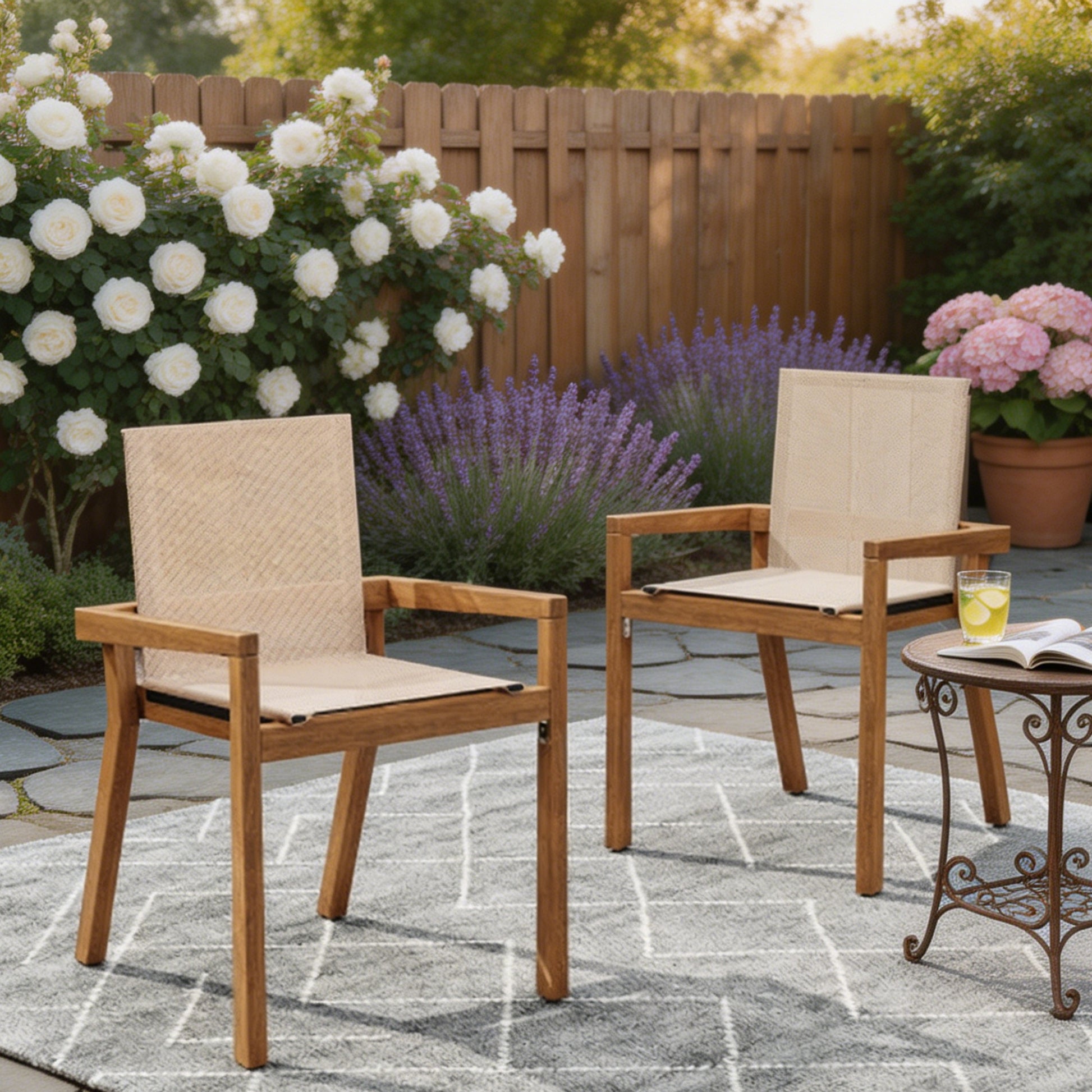 Teak Finish Outdoor Dining Chairs Set of 2 Wood Frame Patio Chairs with Textile