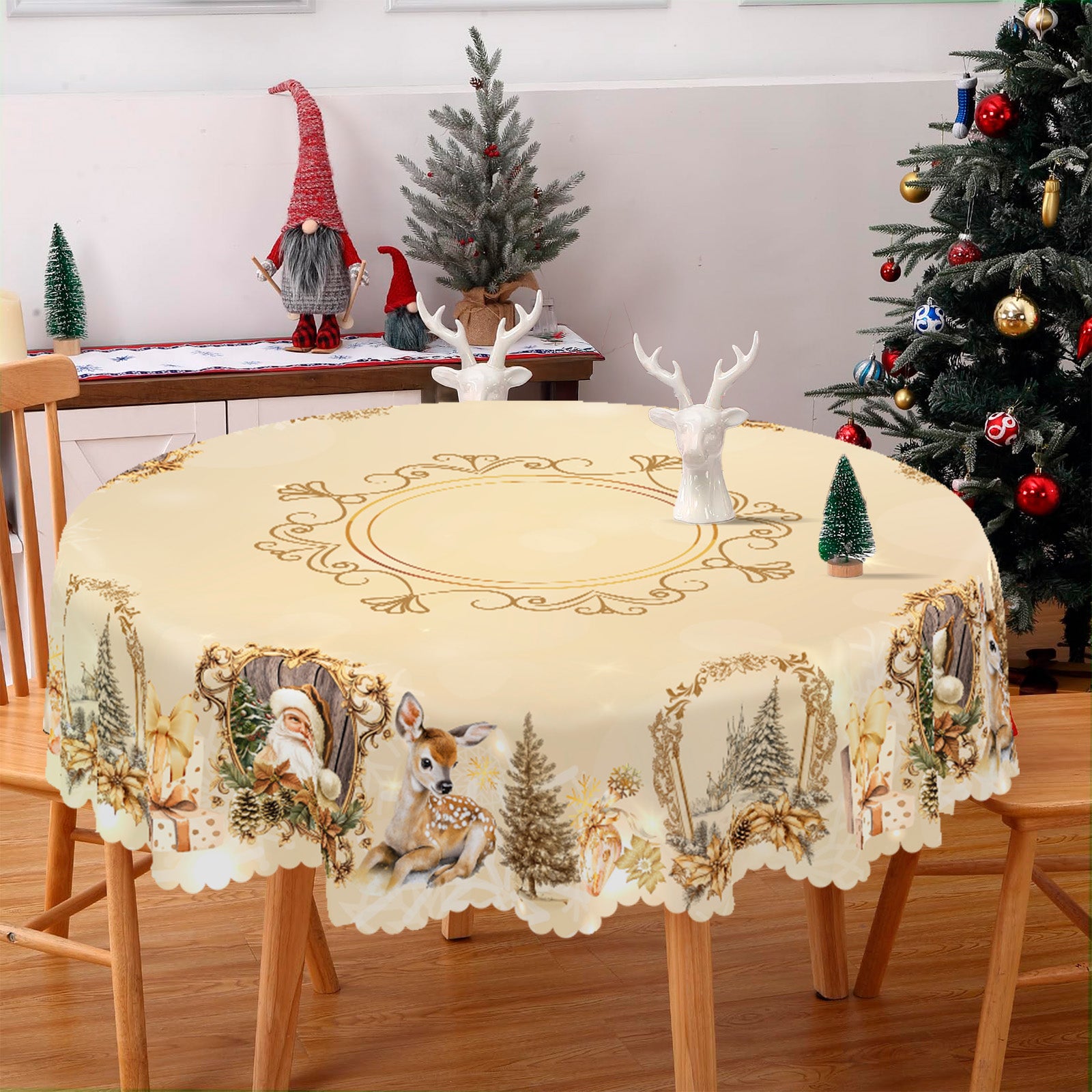 Christmas Tablecloth, Santa Claus and Christmas tree Stain-Resistant Table Cover for Dining Table Holiday Decor