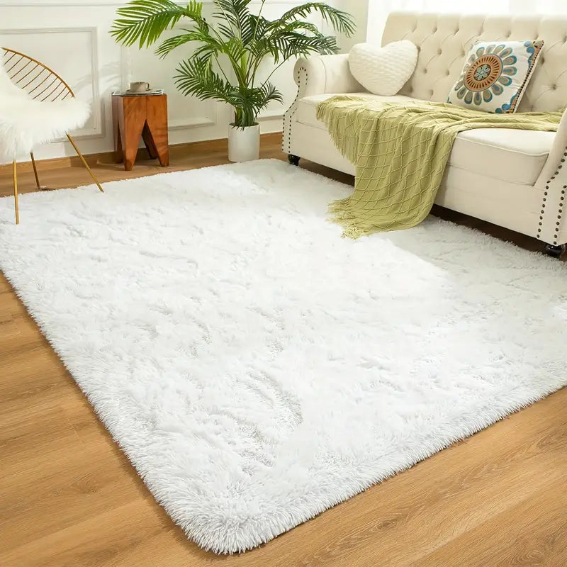 White Shaggy Area Rug with 4 Reusable Stickers, Super Soft Fluffy Non-Slip Carpet for Living Room