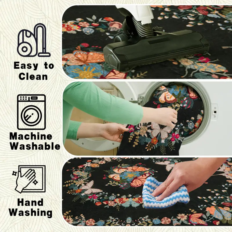 Black Butterfly Floral Washable Area Rug, Low Pile Non-Slip Indoor Carpet for Living Room & Bedroom