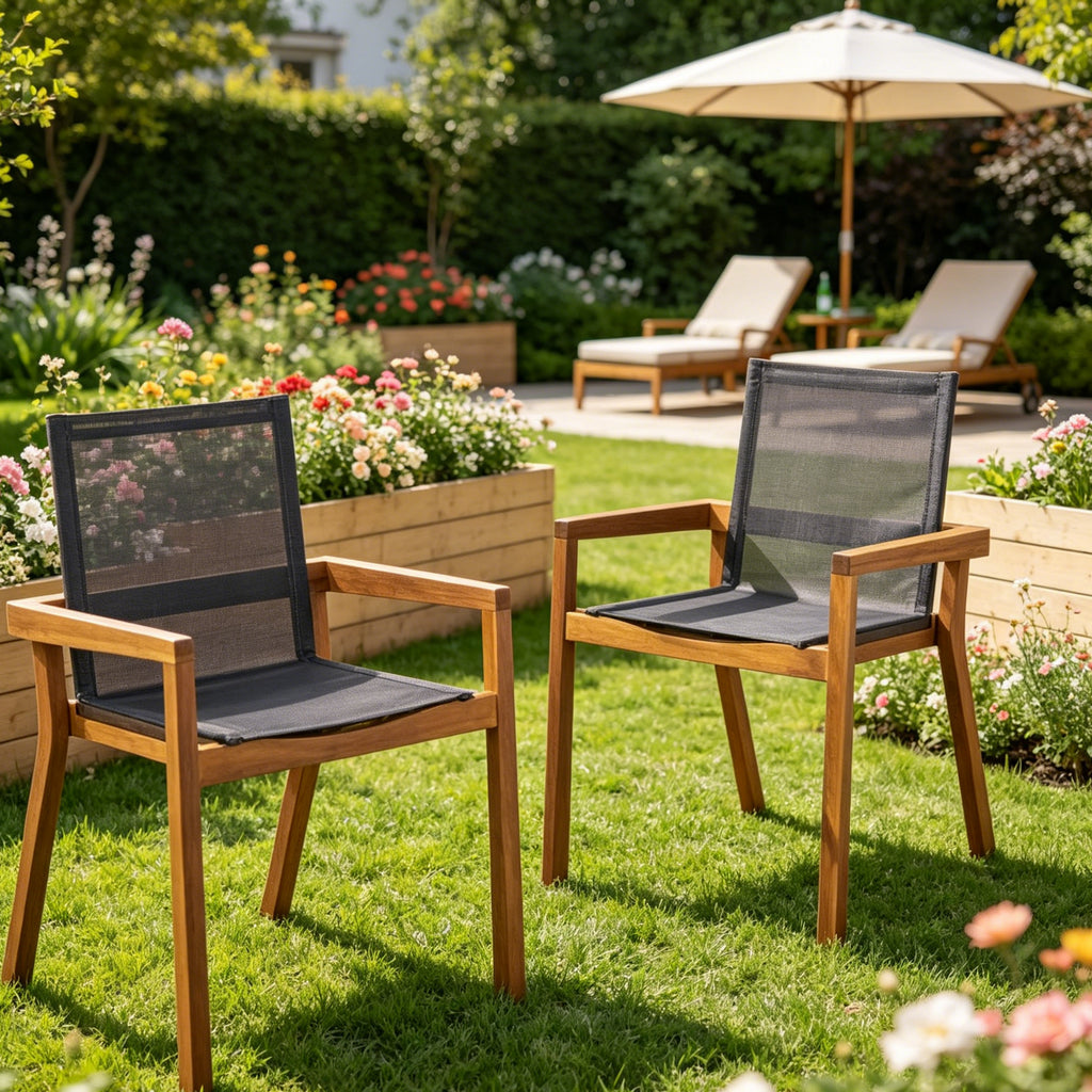 Modern Acacia Wood Patio Chairs with Durable Mesh Seating & Grey Finish (Set of 2)