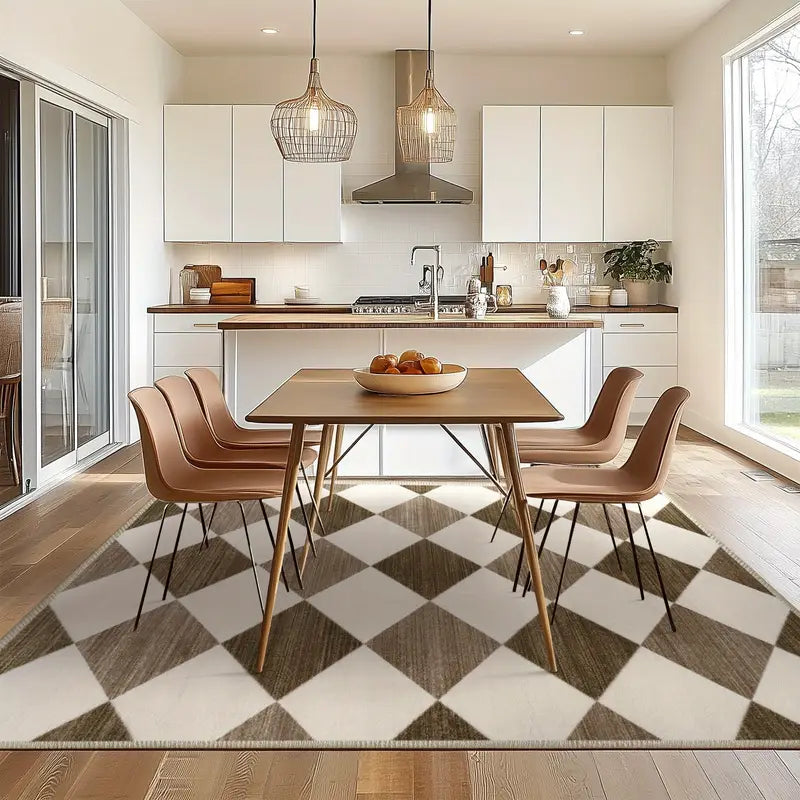 Modern Diamond Grid Beige Area Rug, Low Pile Washable Non-Slip Polyester Mat for Bedroom & Living Room