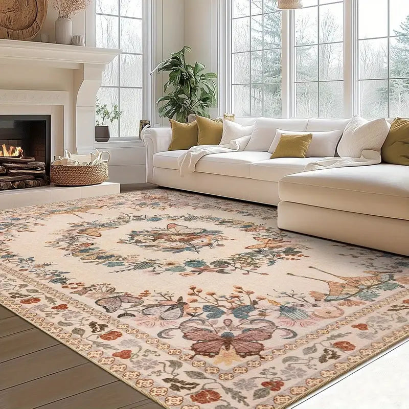 Large Beige Butterfly Floral Area Rug, Ultra-Thin Non-Slip Washable Mat for Living Room & Bedroom