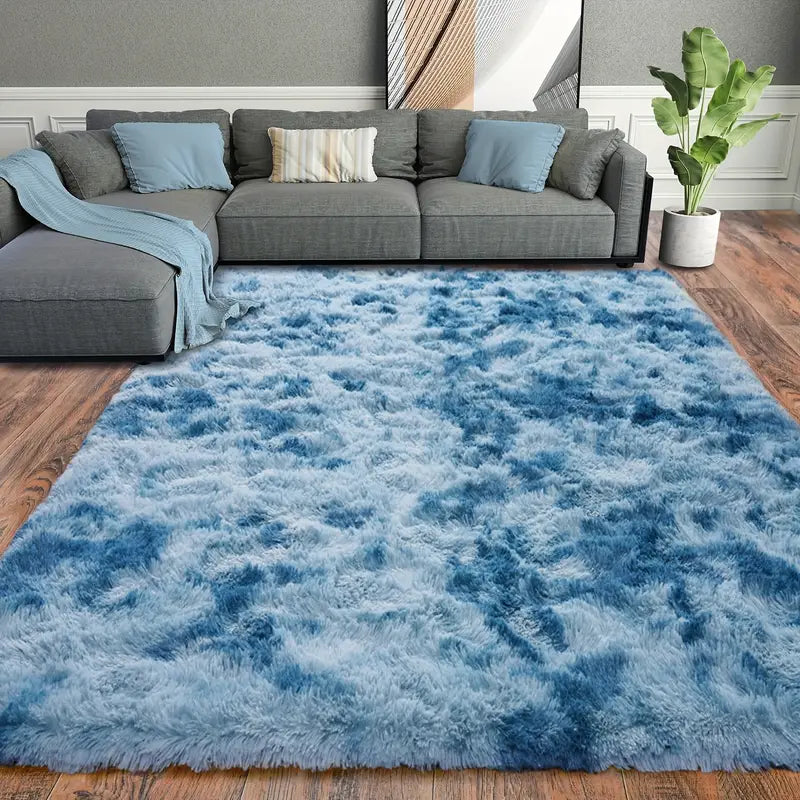 Extra Large Plush Shag Area Rug, 1.7" Thick Ultra Soft Non-Slip Tie-Dye Peacock Blue Mat