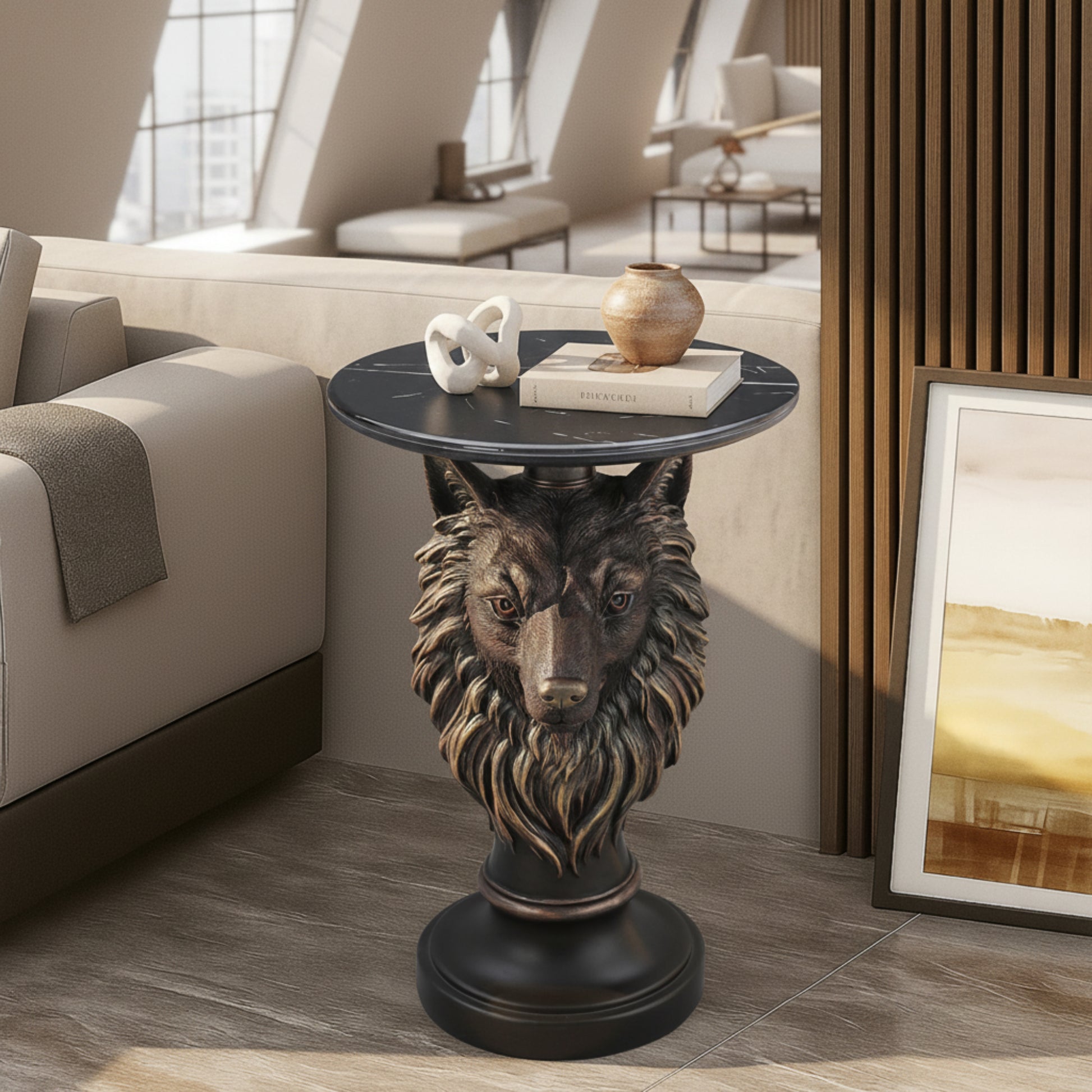 Wolf Head Accent Table, Animal Statue End Table for Living Room Home Decor
