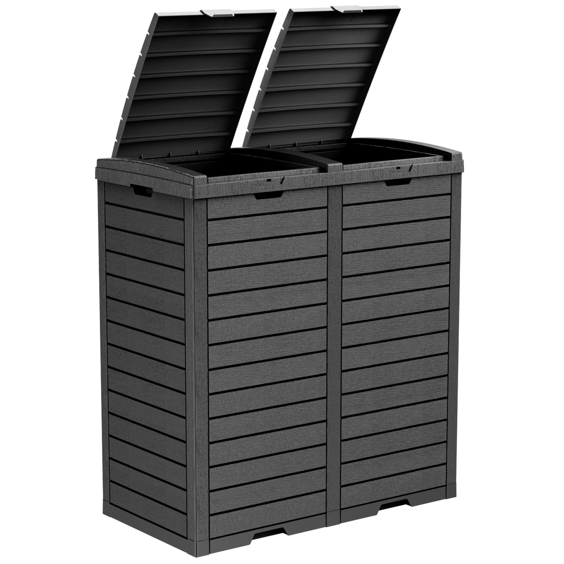 62 Gallon Outdoor Trash Bin, Resin Manual Lift Garbage & Recycling Storage Deck Box with Double-Bucket