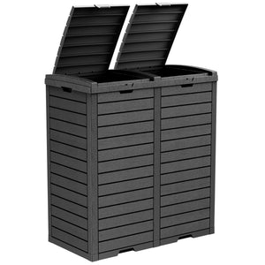 62 Gallon Outdoor Trash Bin, Resin Manual Lift Garbage & Recycling Storage Deck Box with Double-Bucket