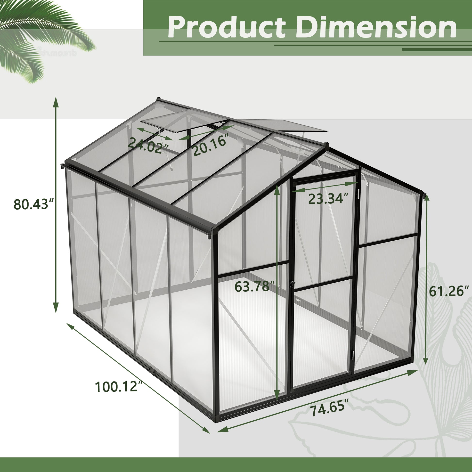 Outdoor Polycarbonate Greenhouse with Roof Vent, Quick-Setup Aluminum Walk-in for Garden Backyard