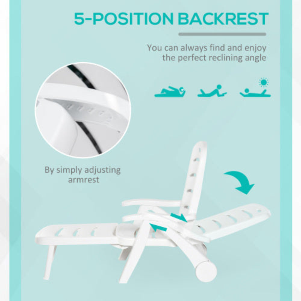 Outdoor Chaise Lounge Chair with 5-Level Adjustable Backrest & Wheels, Folding Sun Tanning Chair for Pool, Beach, Patio, Garden, White