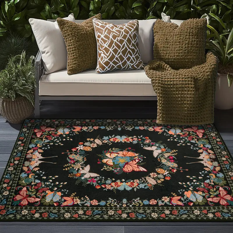 Black Butterfly Floral Washable Area Rug, Low Pile Non-Slip Indoor Carpet for Living Room & Bedroom