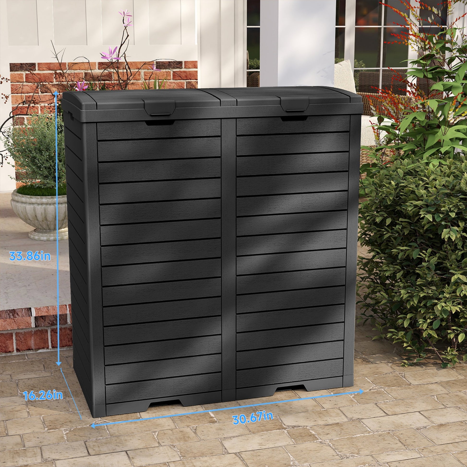 Outdoor Trash Bin, Resin Manual Lift Garbage & Recycling Storage Deck Box with Lid