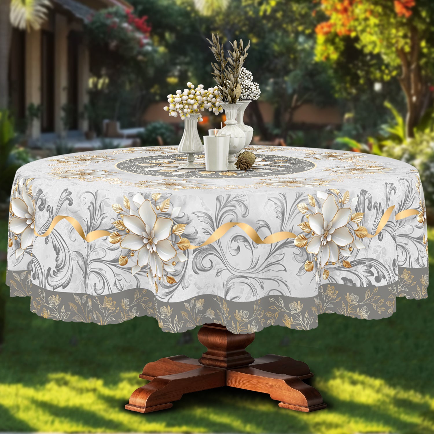 Floral Tablecloth with Colorful Flowers, Dustproof Easy-Care Dining Table Cover for Indoor Outdoor Use and Festive Home Decor
