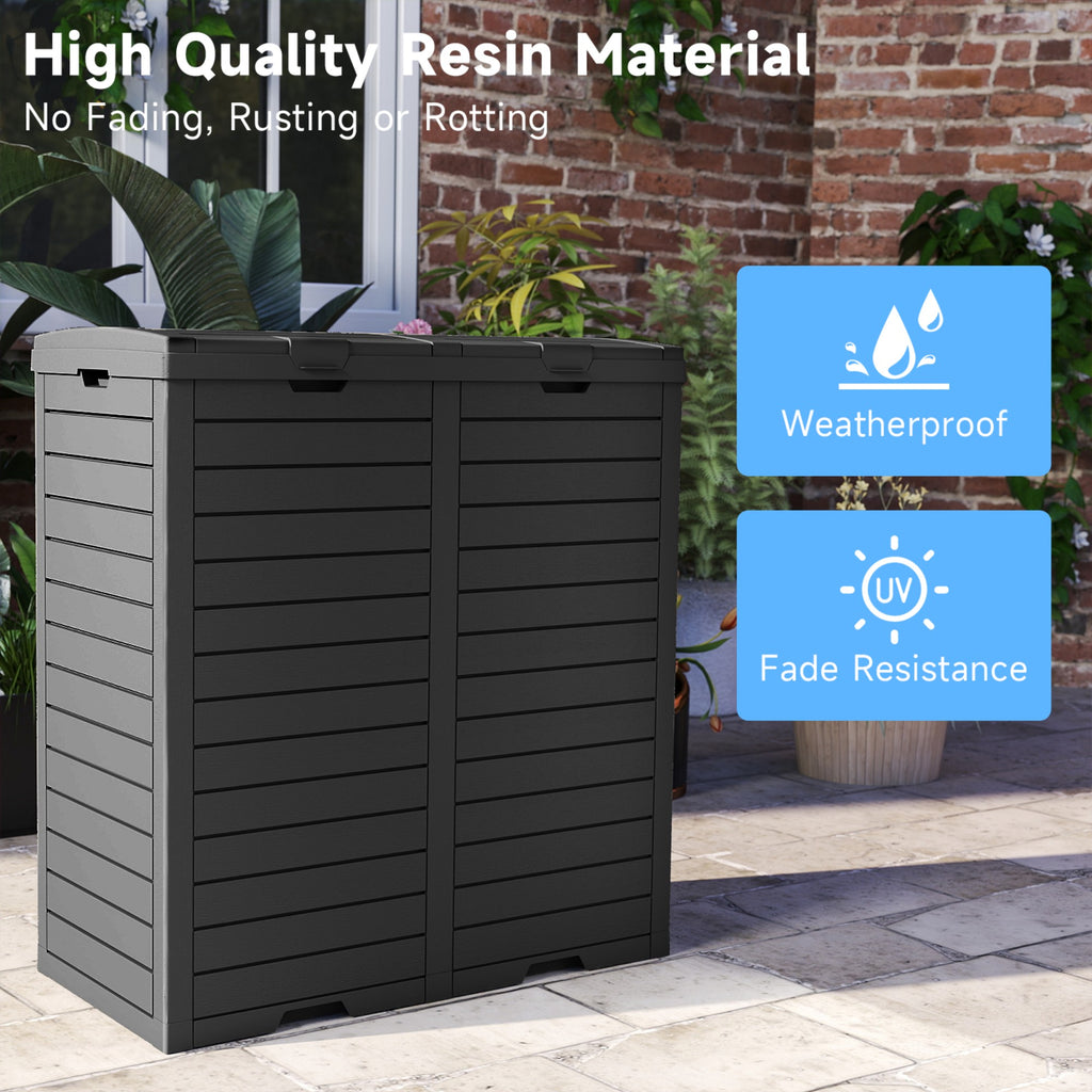 62 Gallon Outdoor Trash Bin, Resin Manual Lift Garbage & Recycling Storage Deck Box with Double-Bucket