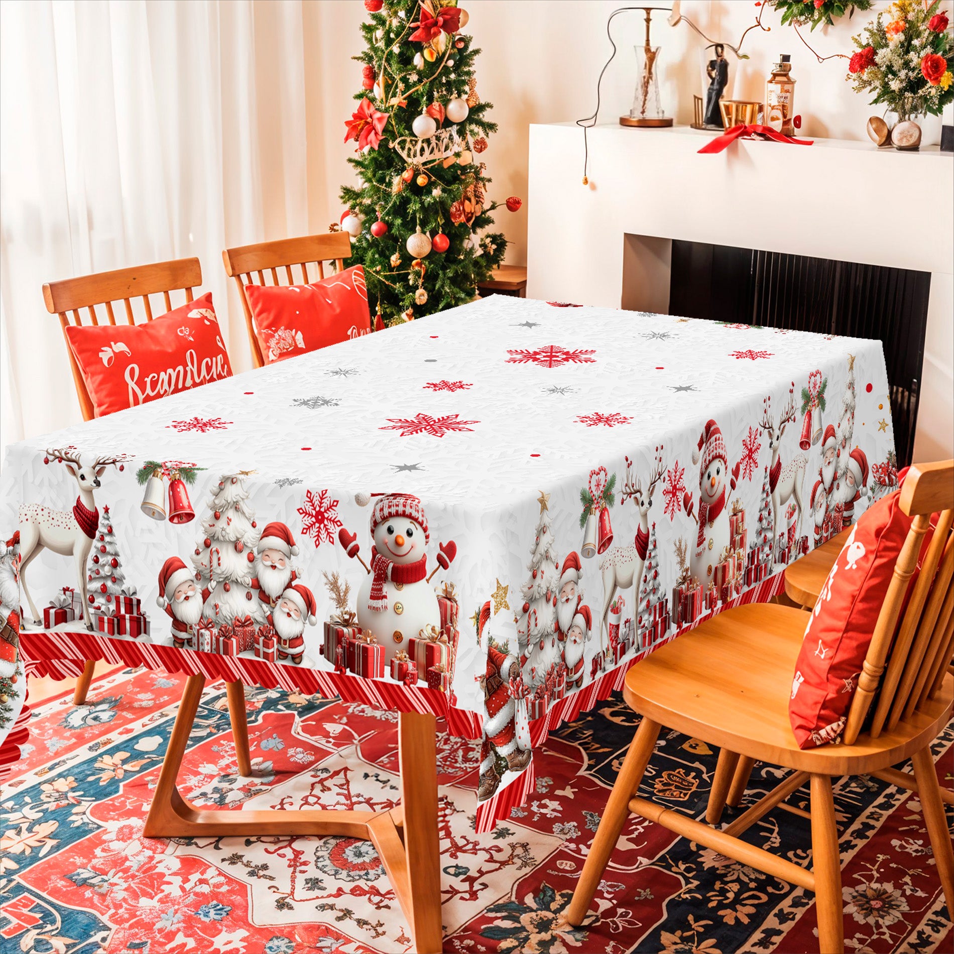 Christmas Tablecloth, Winter Snowman Christmas House Christmas Trees Tablecloth Washable Tablecloth for Party Picnic Dinner Decor