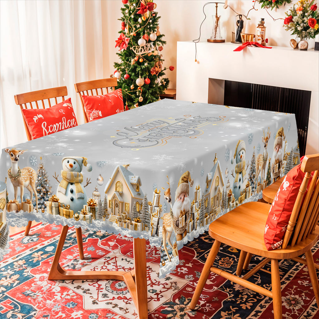 Christmas Tablecloth with Santa, Reindeer and Snowman Designs, Dustproof Dining Table Cover for Festive Holiday Decor