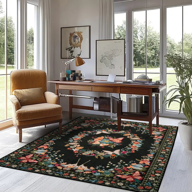 Black Butterfly Floral Washable Area Rug, Low Pile Non-Slip Indoor Carpet for Living Room & Bedroom