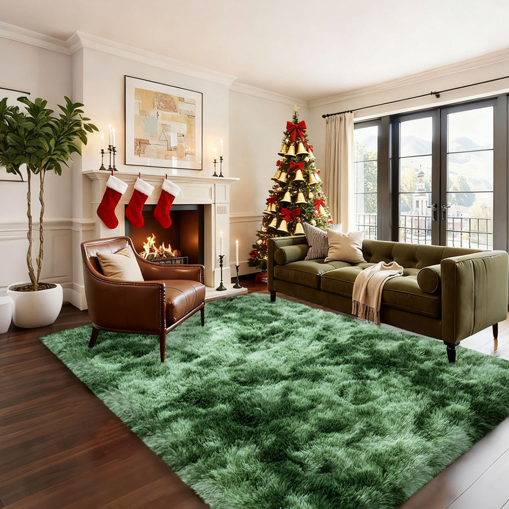 Grass Green Fluffy Shag Area Rug with Non-Slip Base & 4 Reusable Stickers, Soft Plush Mat