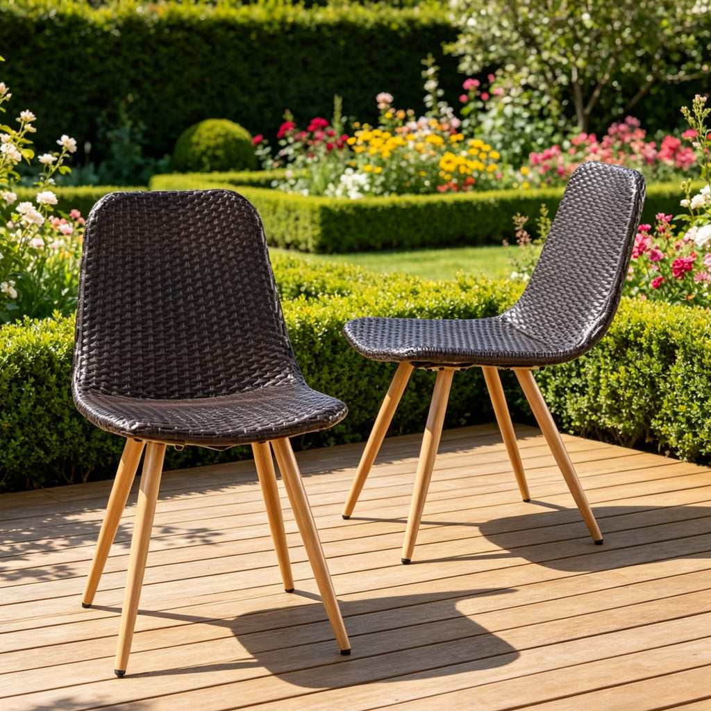 Woven Wicker Outdoor Dining Chairs with Sturdy Iron Frame & Tapered Legs (Set of 2)