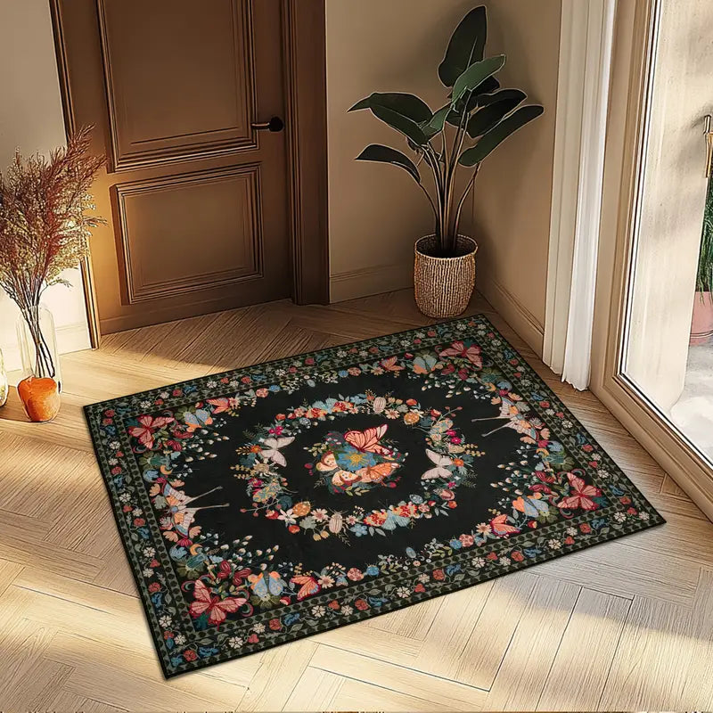 Black Butterfly Floral Washable Area Rug, Low Pile Non-Slip Indoor Carpet for Living Room & Bedroom