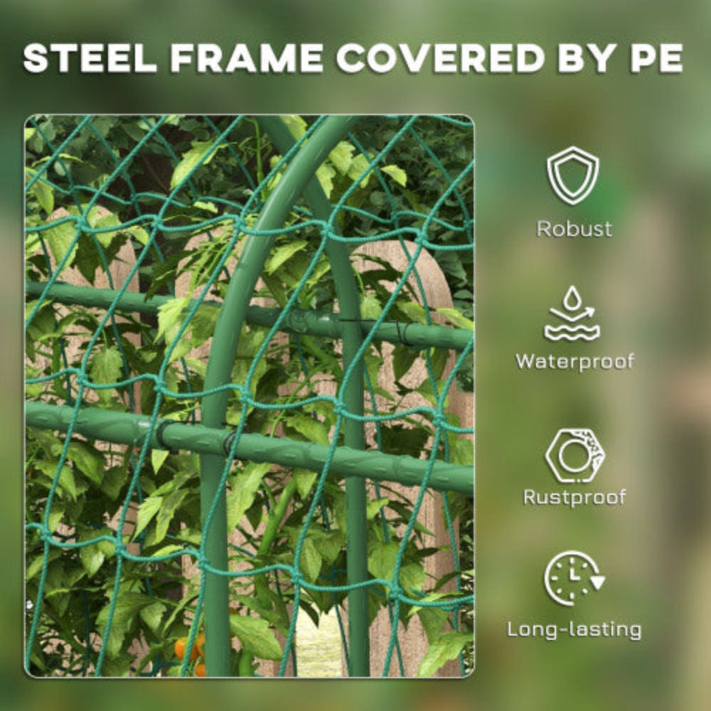 Outsunny 6' Tall A-Frame Arch Cucumber Trellis Plastic Coated Steel with Climbing Net for Outdoor Climbing Plants Peas Vegetables Fruit Vines Green