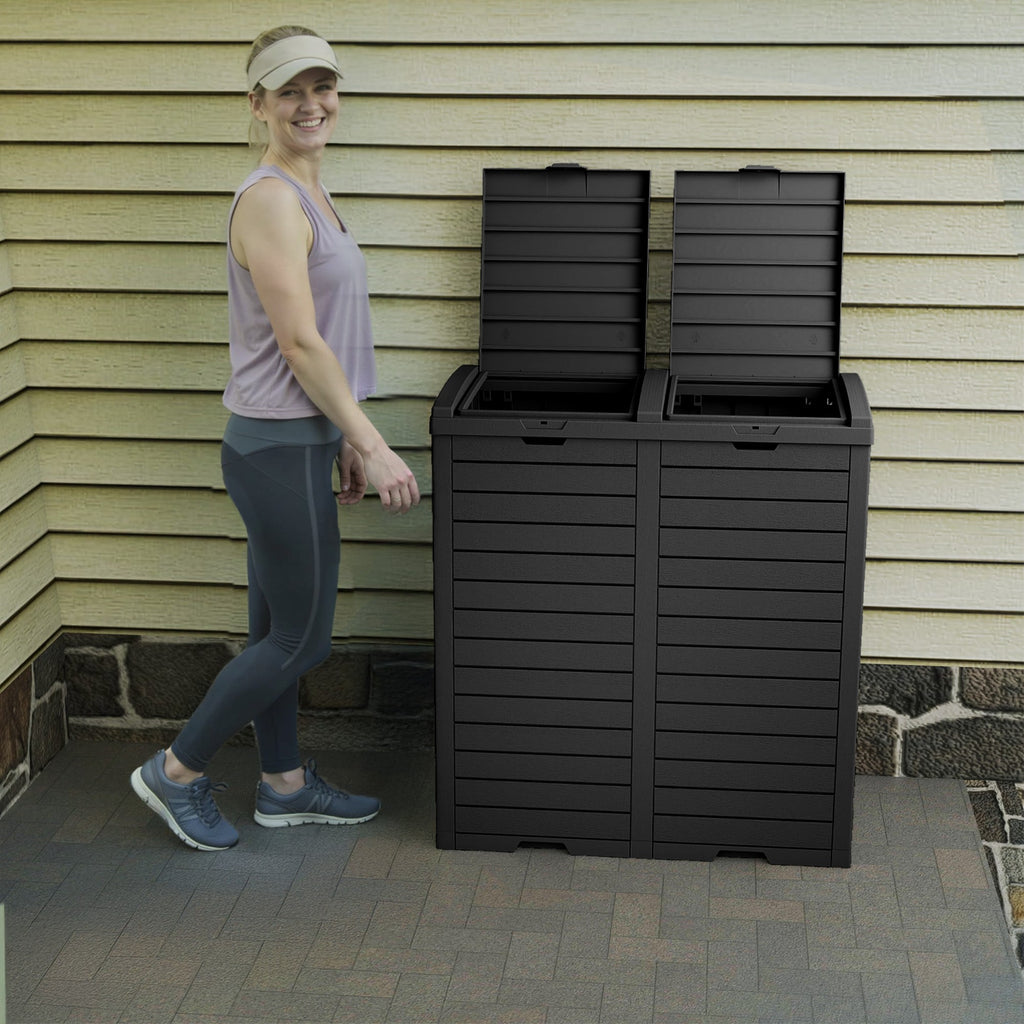 62 Gallon Outdoor Trash Bin, Resin Manual Lift Garbage & Recycling Storage Deck Box with Double-Bucket