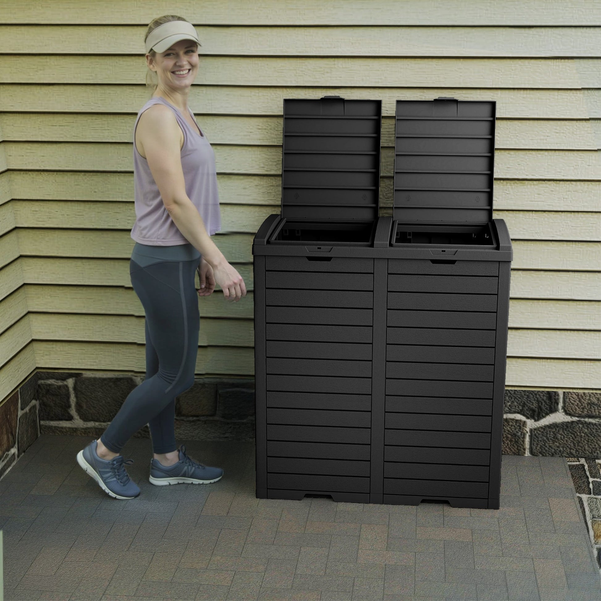 62 Gallon Outdoor Trash Bin, Resin Manual Lift Garbage & Recycling Storage Deck Box with Double-Bucket