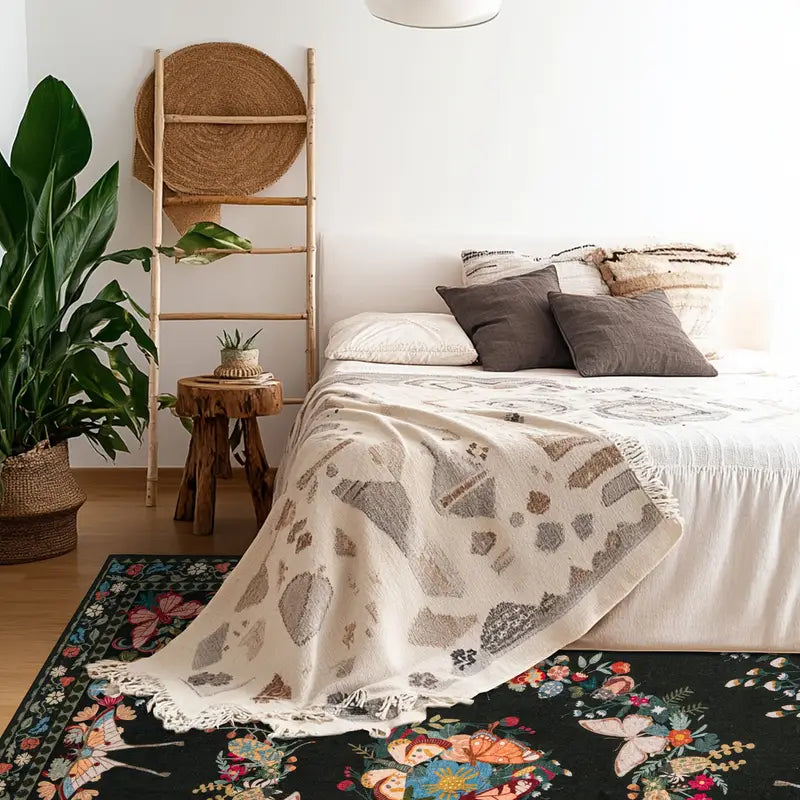 Black Butterfly Floral Washable Area Rug, Low Pile Non-Slip Indoor Carpet for Living Room & Bedroom