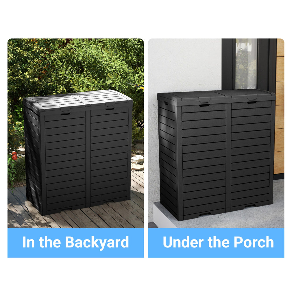 62 Gallon Outdoor Trash Bin, Resin Manual Lift Garbage & Recycling Storage Deck Box with Double-Bucket