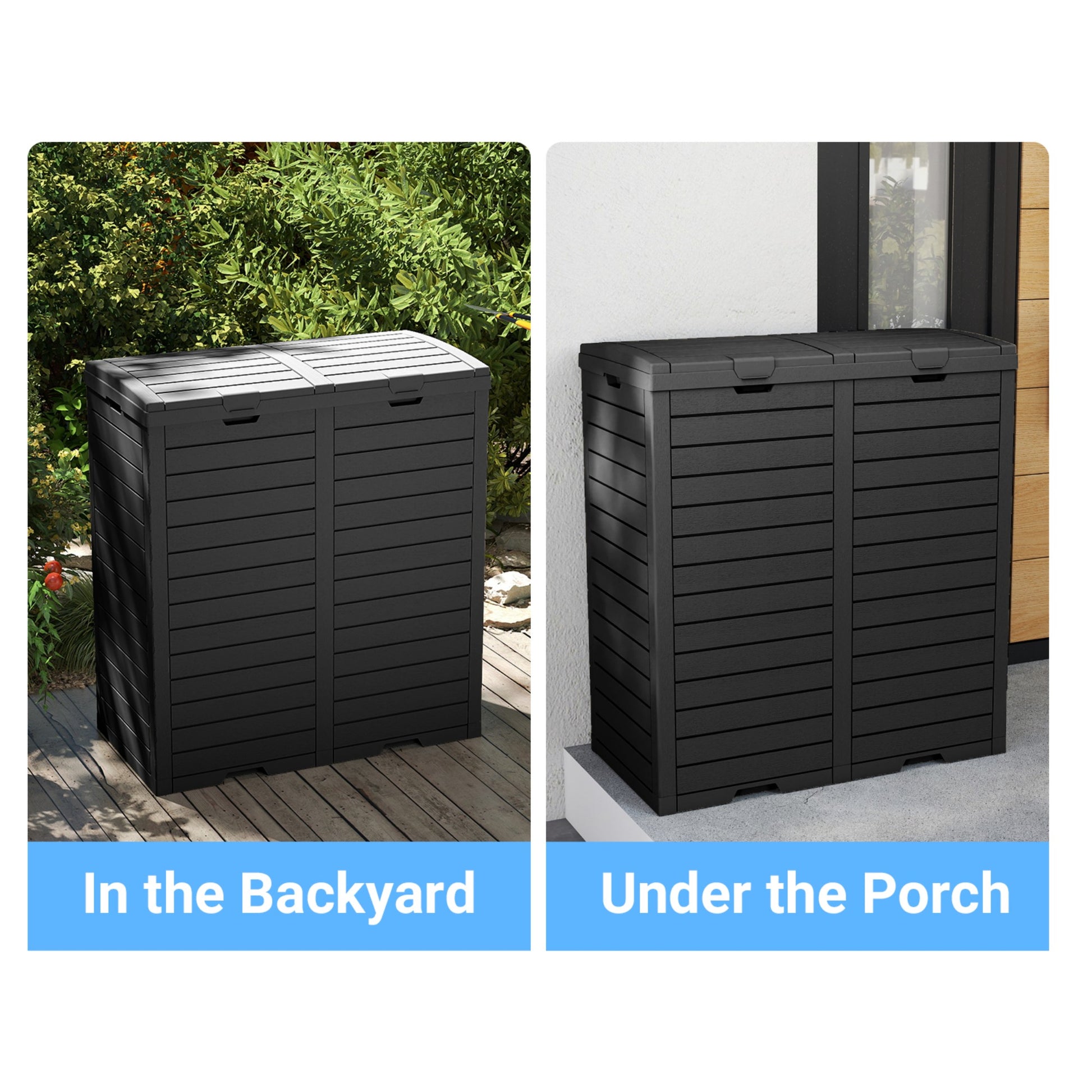 62 Gallon Outdoor Trash Bin, Resin Manual Lift Garbage & Recycling Storage Deck Box with Double-Bucket