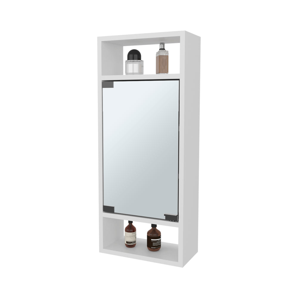 Chic Crate-Pine-Like Medicine Cabinet – Mirrored Door & Open Storage | White