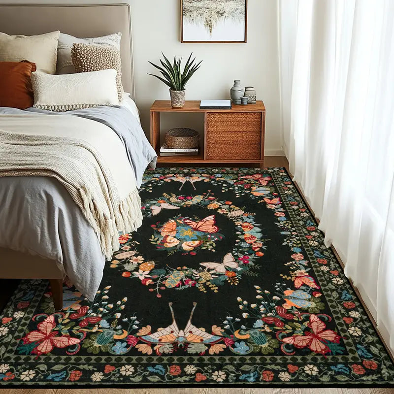 Black Butterfly Floral Washable Area Rug, Low Pile Non-Slip Indoor Carpet for Living Room & Bedroom