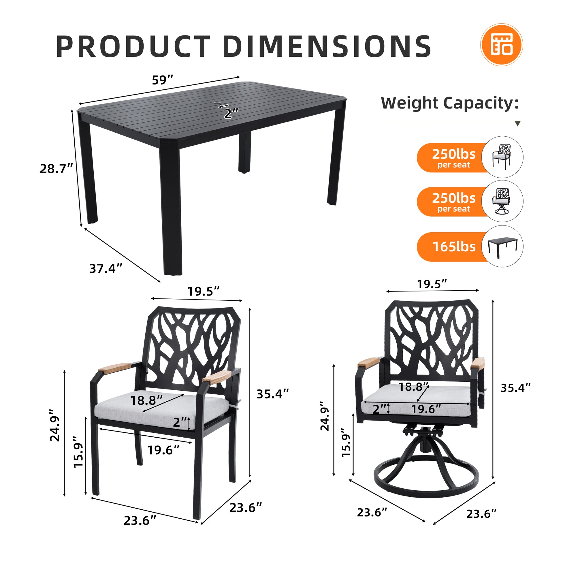 7-PC Outdoor Patio Aluminum Furniture Set, with 4 Dining Chairs & 2 Swivel Rockers Sunbrella Fabric Cushioned, Nature-Inspired Branch-Like Backrest, Rectangular Table with Umbrella Hole,Bourbon Brown